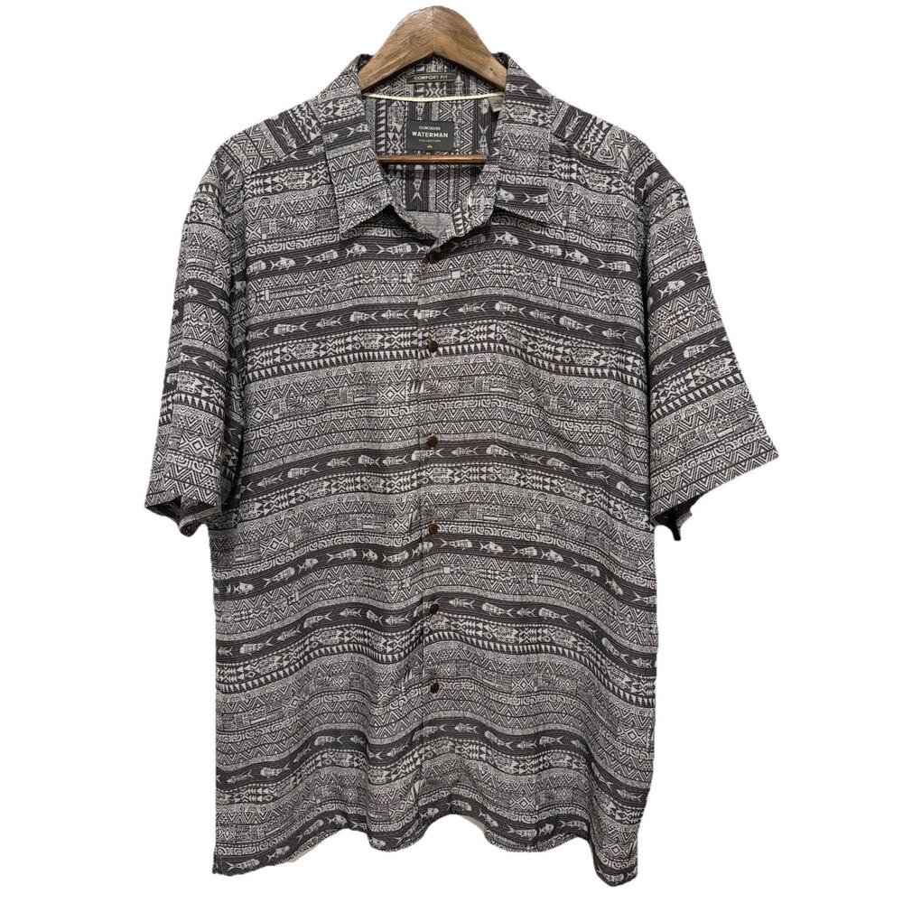 Quiksilver Waterman XL Gray Tribal Fish Print Button Front Shirt